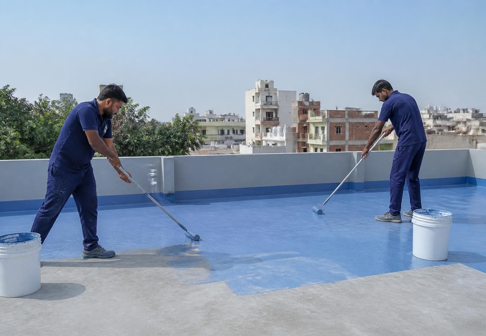 Waterproofing team applying blue waterproof coating on a terrace roof in Kurukshetra